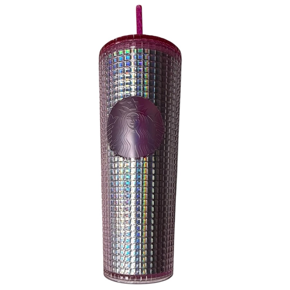 Starbucks Pink Purple Iridescent Disco Grid Venti Tumbler 24oz Cold Cup Straw